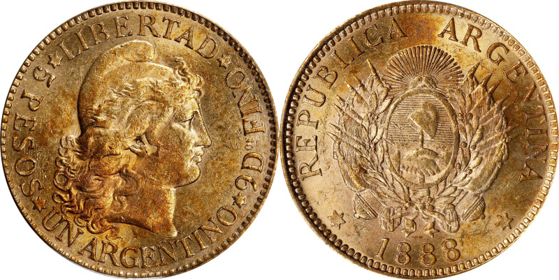 ARGENTINA. 5 Pesos, 1888. Buenos Aires Mint. PCGS MS-61.
Fr-14; KM-31. A lustro...