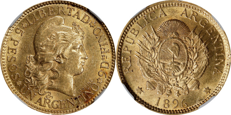 ARGENTINA. 5 Pesos, 1896. Buenos Aires Mint. NGC MS-62.
Fr-14; KM-31. Somewhat ...