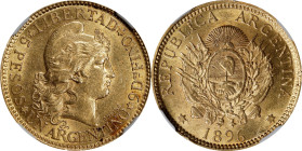 ARGENTINA. 5 Pesos, 1896. Buenos Aires Mint. NGC MS-62.
Fr-14; KM-31. Somewhat SCARCER in elevated grade, the present example displays a sheening bri...