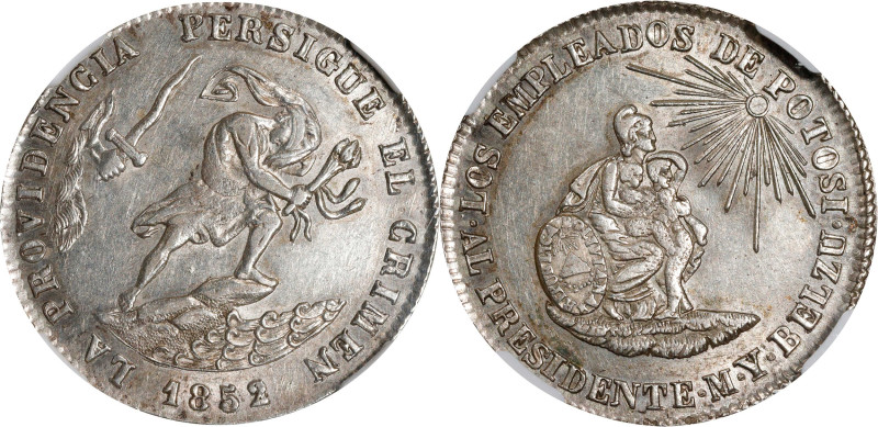 BOLIVIA. 2 Soles Proclamation Silver Medal, 1852/1. Potosi Mint. NGC AU-58.
Fon...