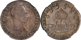 BOLIVIA. 8 Soles, 1845-PTS R. Potosi Mint. NGC MS-61.
KM-103. A softly lustrous gunmetal ray specimen with magenta-gray undertones and hints of iride...
