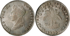 BOLIVIA. 4 Soles, 1855-PTS MJ. Potosi Mint. PCGS MS-62.
KM-123.2. A somewhat well articulated strike produces ample detail, the letters BOLIVAR at th...