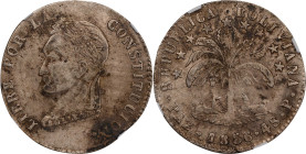 BOLIVIA. 4 Soles, 1856-PAZ P. La Paz Mint. NGC AU-55.
KM-130. Satiny luster is still seen peering through a century of mottled argent patina. A well-...