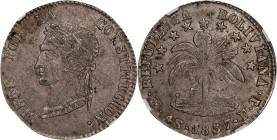 BOLIVIA. 4 Soles, 1857-PTS FJ. Potosi Mint. NGC MS-61.
KM-123.2. A well-preserved, uncirculated example of the type with subtly lustrous surfaces and...