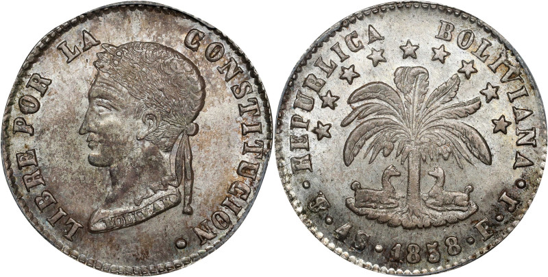 BOLIVIA. 4 Soles, 1858-PTS FJ. Potosi Mint. PCGS MS-63.
KM-123.2. Sharply struc...