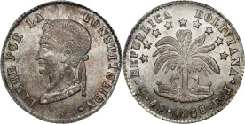 BOLIVIA. 4 Soles, 1858-PTS FJ. Potosi Mint. PCGS MS-63.
KM-123.2. Sharply struck for the issue, with the finer details of the portrait present in ful...