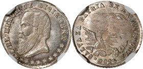 BOLIVIA. Melgarejo Proclamation 1/2 Sol Silver Medal, 1865. NGC MS-65.
Fonrobert-9682. Diameter: 15mm. By unknown artist. Obverse: 11 stars, bearded ...