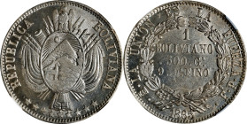 BOLIVIA. Boliviano, 1865-PTS FP. Potosi Mint. NGC MS-63.
KM-152.1. This beautiful Boliviano is an exceptionally well produced and preserved example o...