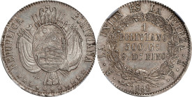 BOLIVIA. Boliviano, 1868/7-PTS FE. Potosi Mint. NGC AU-58.
KM-152.2. NGC Census: 1, none finer. Presenting a delightful champagne-gray brilliance to ...