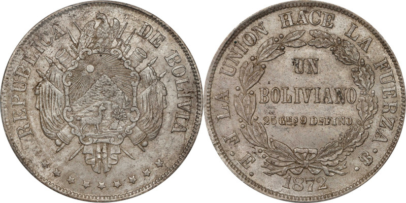 BOLIVIA. Boliviano, 1872-PTS FE. Potosi Mint. PCGS MS-62.
KM-160.1. Wholly fres...