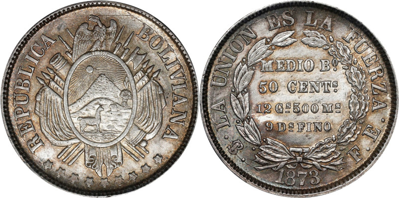 BOLIVIA. 50 Centavos, 1873-PTS FE. Potosi Mint. PCGS MS-63.
KM-161.2 (holder im...