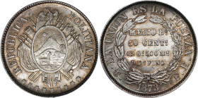 BOLIVIA. 50 Centavos, 1873-PTS FE. Potosi Mint. PCGS MS-63.
KM-161.2 (holder improperly describes as KM-161.1). Delicate swaths of champagne tone dec...