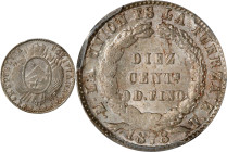 BOLIVIA. 10 Centavos, 1878-PTS FE. Potosi Mint. PCGS MS-64.
KM-158.2. A frosty near-Gem with a soft gray tone. An overall great strike with limited w...