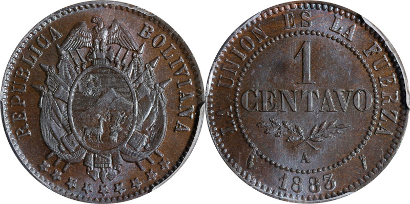 BOLIVIA. Centavo, 1883-A. Paris Mint. PCGS MS-65 Brown.
KM-167. PCGS population...