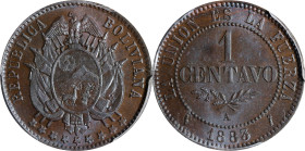 BOLIVIA. Centavo, 1883-A. Paris Mint. PCGS MS-65 Brown.
KM-167. PCGS population: 2, none finer. A gorgeous, chocolate-brown Gem with an iridescent co...