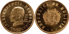 BOLIVIA. 35 Gramos, 1952. Paris Mint. PCGS MS-64.
KMX-13. AGW: 1.1256 oz. A hefty piece of gold with tremendous luster and hardly any evidence of han...
