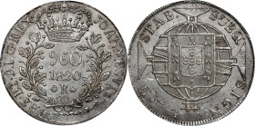 BRAZIL. 960 Reis, 1820-R. Rio de Janeiro Mint. Joao VI. NGC MS-62.
KM-326.1; LDMB-478; Gomes-25.10. Overstruck on an uncertain date Peruvian 8 Reales...