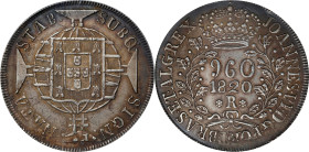 BRAZIL. 960 Reis, 1820-R. Rio de Janeiro Mint. Joao VI. PCGS AU-55.
KM-326.1. Only light traces of friction can be seen across the design peaks while...