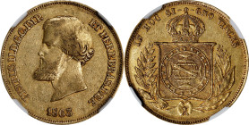 BRAZIL. 10000 Reis, 1863. Rio de Janeiro Mint. Pedro II. NGC AU-53.
Fr-122; KM-467. An elusive date in the series, this example yields much retained ...