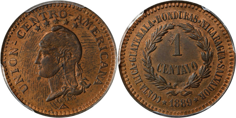 CENTRAL AMERICAN UNION. Bronze Centavo Essai (Pattern), 1889. PCGS SPECIMEN-63 R...