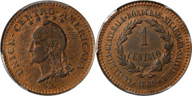 CENTRAL AMERICAN UNION. Bronze Centavo Essai (Pattern), 1889. PCGS SPECIMEN-63 Red Brown.
KMX-E21. Handsome and fully original Choice Uncirculated qu...