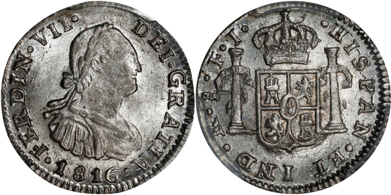 CHILE. Real, 1816-So FJ. Santiago Mint. Ferdinand VII. PCGS MS-64.
KM-65. A bri...