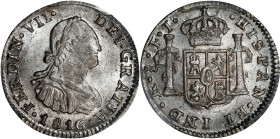 CHILE. Real, 1816-So FJ. Santiago Mint. Ferdinand VII. PCGS MS-64.
KM-65. A brilliant little example of this fairly SCARCE issue, shining with bright...