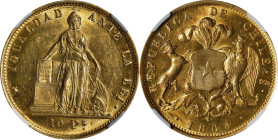 CHILE. 10 Pesos, 1864-So. Santiago Mint. NGC MS-62.
Fr-45; KM-131. AGW: 0.4413 oz. Top pop for NGC and PCGS. By far the finest known to have crossed ...