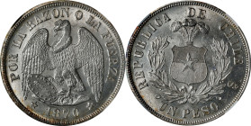 CHILE. Peso, 1870/69-So. Santiago Mint. NGC MS-64.
KM-142.1. A memorable coin among Chilean Pesos, this peripherally toned near-Gem possess particula...