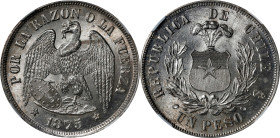 CHILE. Peso, 1875/4-So. Santiago Mint. NGC MS-63.
KM-142.1. This is a simply outstanding example of a VERY SCARCE and conditionally challenging overd...