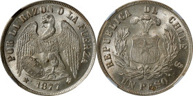 CHILE. Peso, 1877-So. Santiago Mint. NGC MS-65+.
KM-142.1. The single top pop at either PCGS or NGC, this is an absolutely stunning Peso fit for the ...