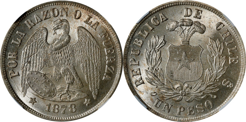 CHILE. Peso, 1878-So. Santiago Mint. NGC MS-65+.
KM-142.1. The sole finest to h...