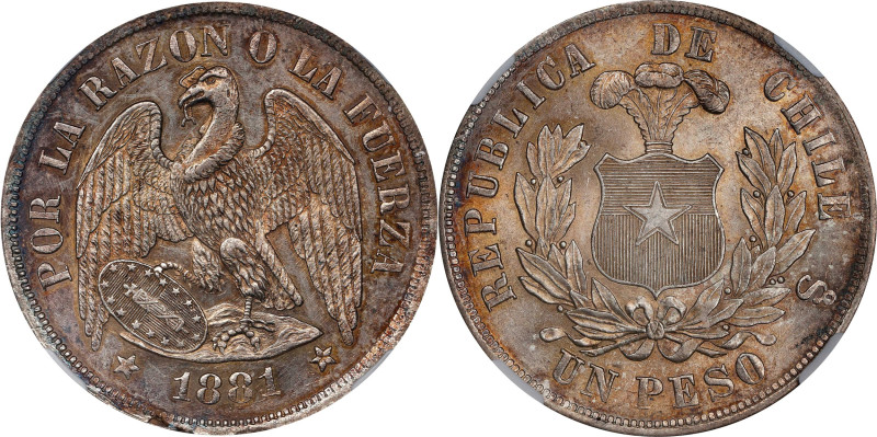 CHILE. Peso, 1881-So. Santiago Mint. NGC MS-64+.
KM-142.1. An impeccably well p...