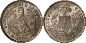 CHILE. Peso, 1882-So. Santiago Mint. NGC MS-65.
KM-142.1. A stunning Gem with evenly frosty fields that are almost entirely free from handling. A sof...