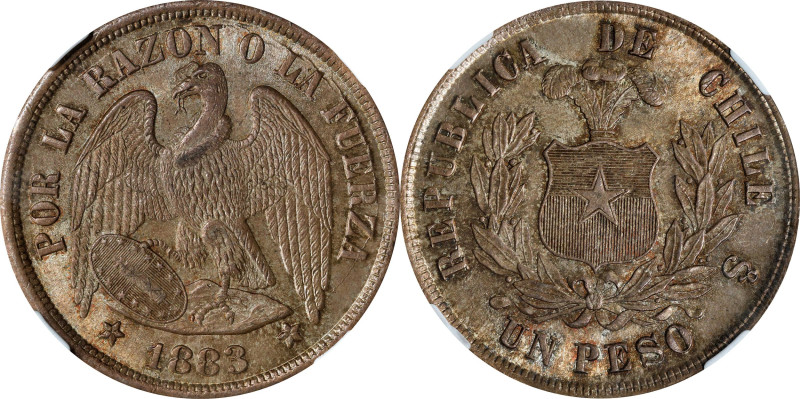 CHILE. Peso, 1883-So. Santiago Mint. NGC MS-66.
KM-142.1. Round top 3 variety. ...