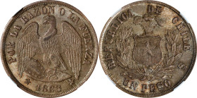 CHILE. Peso, 1883-So. Santiago Mint. NGC MS-66.
KM-142.1. Round top 3 variety. Premium Gem Uncirculated quality for this perennially popular Chilean ...