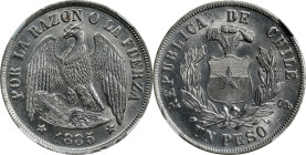 CHILE. Peso, 1885/4-So. Santiago Mint. NGC MS-63.
KM-142.1. NGC census: 1, 1 finer. One of few examples from this SCARCE overdate to come to market, ...