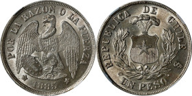 CHILE. Peso, 1885-So. Santiago Mint. NGC MS-64.
KM-142.1. A captivating Very Choice Peso with exceptional quality and eye appeal. Bursting with full,...