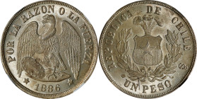 CHILE. Peso, 1886-So. Santiago Mint. NGC MS-65.
KM-142.1. NGC census: 3, none finer. One could wax lyrical about this top pop Chilean Peso that would...
