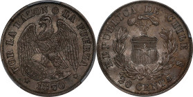 CHILE. 20 Centavos, 1870/60-So. Santiago Mint. PCGS MS-62.
KM-138.1. A seldom-seen overdate, this piece is by far the finest out of just three exampl...