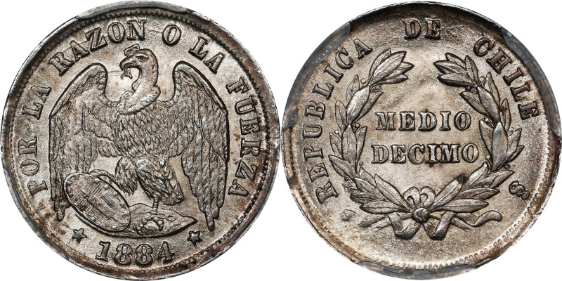 CHILE. 1/2 Decimo, 1884-So. Santiago Mint. PCGS MS-65.
KM-149. Mule variety wit...