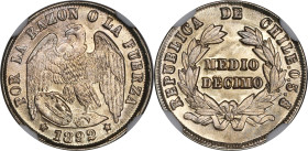 CHILE. 1/2 Decimo, 1892/82-So. Santiago Mint. NGC MS-67+.
KM-137.3. Brilliant champagne hued surfaces are expertly preserved with full satin luster. ...