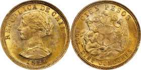 CHILE. 100 Pesos, 1926-So. Santiago Mint. NGC MS-62.
Fr-54; KM-170. AGW: 0.5885 oz. Rich yellow gold with strong luster, and handling marks commensur...
