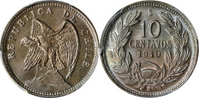 CHILE. 10 Centavo, 1940. Santiago Mint. PCGS MS-67.
KM-166. PCGS population: 1, 0 finer. Resplendent with pinkish-champagne and Swiss topaz iridescen...