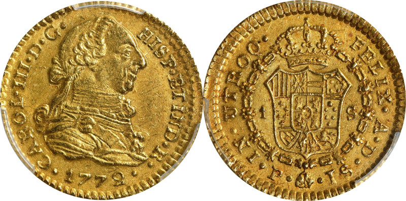 COLOMBIA. Escudo, 1772-P JS. Popayan Mint. Charles III. PCGS AU-55.
Fr-42; KM-4...