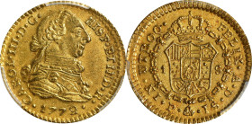 COLOMBIA. Escudo, 1772-P JS. Popayan Mint. Charles III. PCGS AU-55.
Fr-42; KM-48.2; Cal-1415. A glistening Choice piece with satiny and lustrous pale...