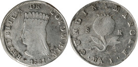 COLOMBIA. Cundinamarca. 8 Reales, 1821-Ba JF. Bogota Mint. PCGS Genuine--Corrosion Removed, EF Details.
KM-C6. Bright, pale surfaces demonstrate a gr...