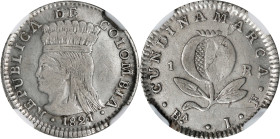 COLOMBIA. Cundinamarca. Real, 1821-BA JF. Bogota Mint. NGC EF-40.
KM-B9. The highly popular Cundinamarca issue, this bold example yields just a limit...