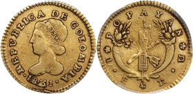 COLOMBIA. Escudo, 1831/21-RU/M. Popayan Mint. PCGS EF-45.
Fr-72; KM-81.2; Restrepo-162.22. Consistent honey gold surfaces are bright yet original, pr...