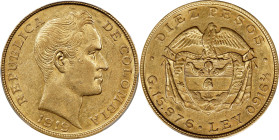 COLOMBIA. 10 Pesos, 1919. Bogota Mint. PCGS AU-55.
Fr-112; KM-202. Delivering a handsome and limitedly circulated specimen, this charming piece displ...